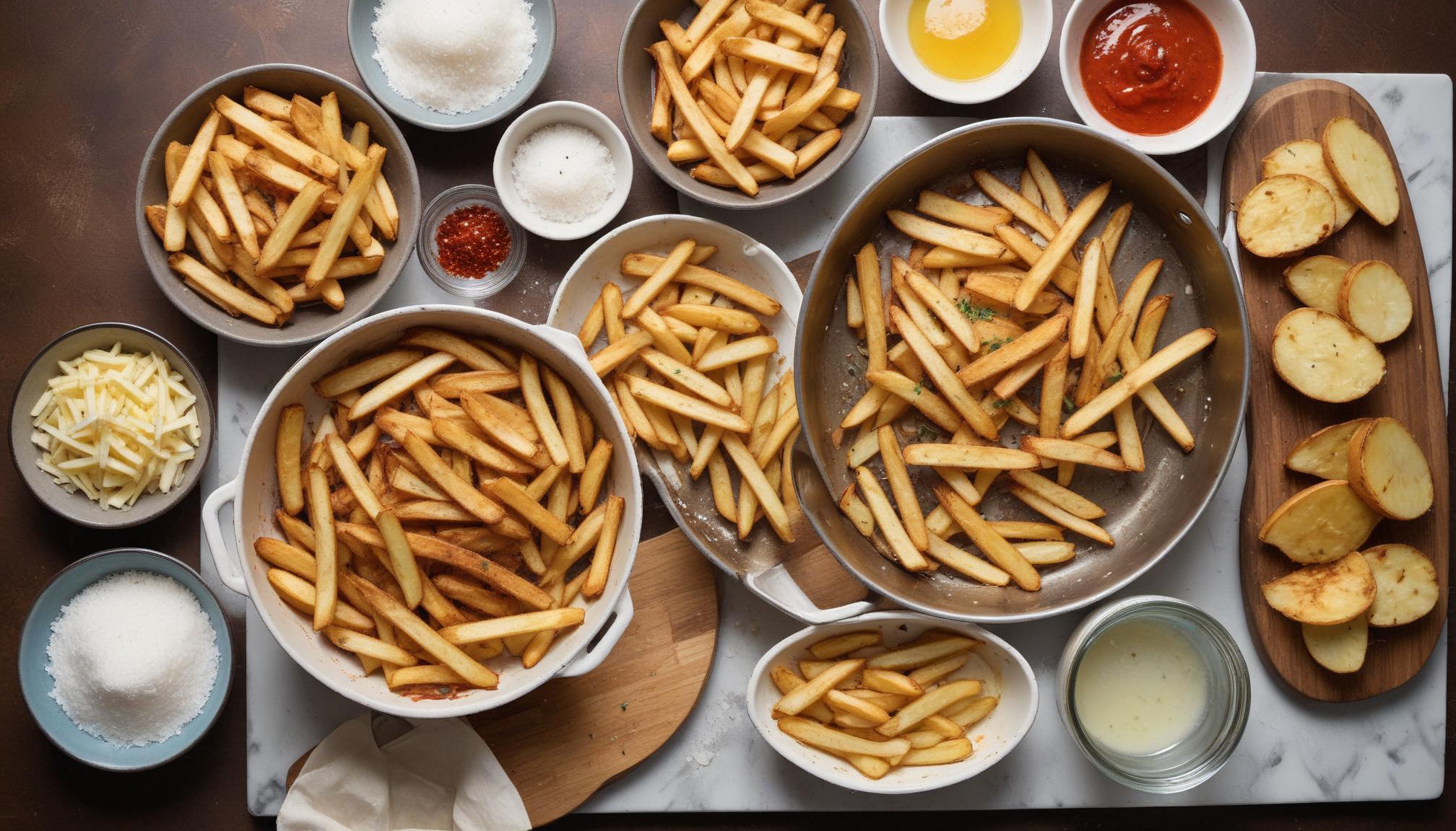 A top-down view of a kitchen counter with all the elements for making homemade French fries.